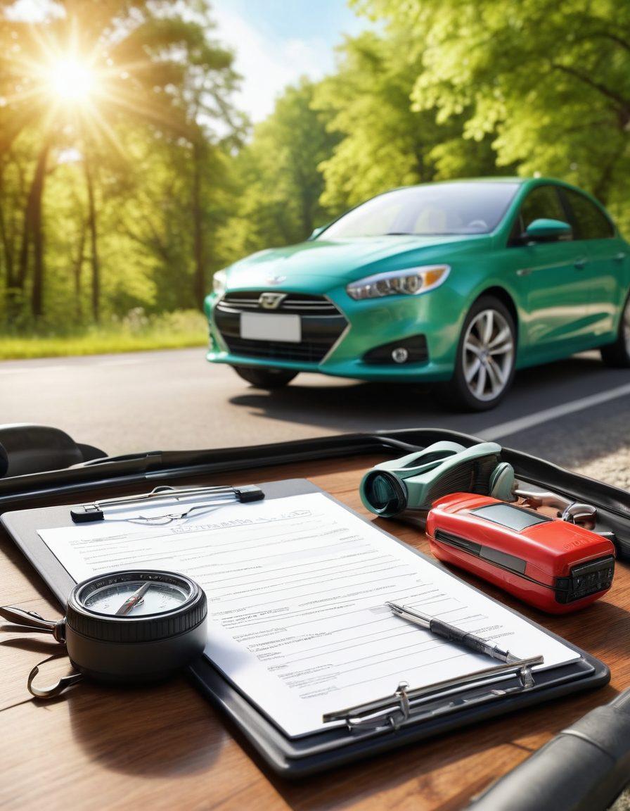 A well-maintained car gleaming under the sun, surrounded by essential car care tools like wax, polish, and a tire pressure gauge. In the background, a serene landscape with a winding road and green trees, symbolizing the journey ahead. Incorporate elements of a checklist for car maintenance on a clipboard in the foreground. super-realistic. vibrant colors. 3D.