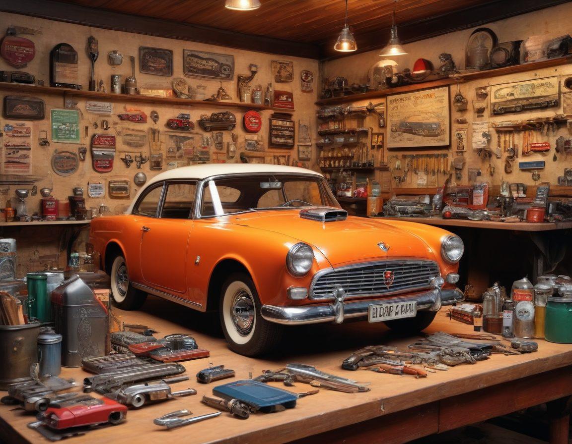 An intricately detailed workspace featuring a vintage car being meticulously maintained by an enthusiastic mechanic. Tools scattered around, with oil cans, wrenches, and a bright workbench filled with car parts. A wall adorned with posters of classic cars and maintenance tips. Soft warm lighting to create an inviting atmosphere. super-realistic. vibrant colors.