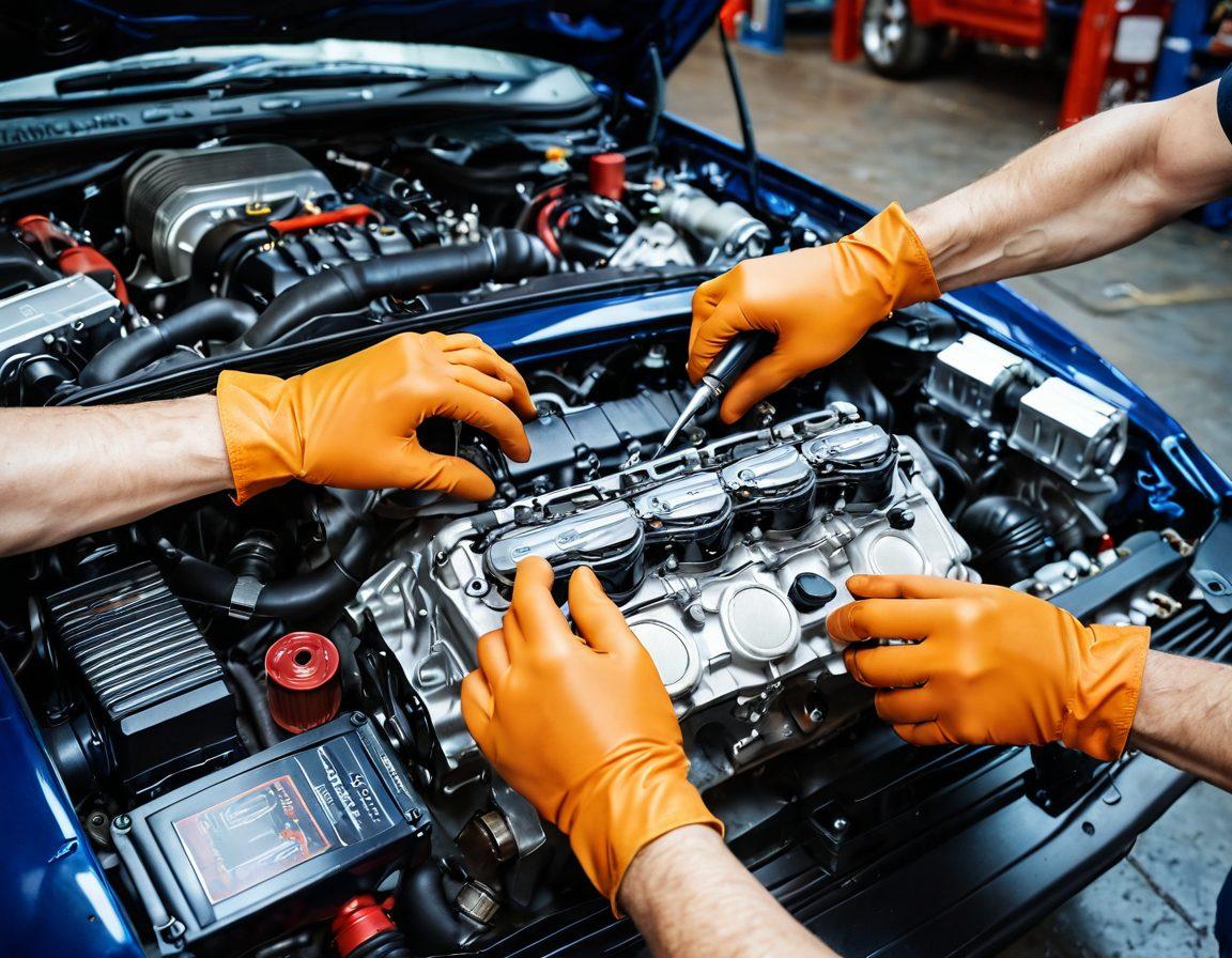 A detailed close-up of a car engine being carefully inspected by hands wearing mechanic gloves, with tools scattered around, and an open manual of car maintenance beside them. The background shows a sleek sports car in a vibrant workshop setting, filled with gauges and automotive posters. The image conveys a sense of passion and expertise in car maintenance. super-realistic. vibrant colors. 3D.